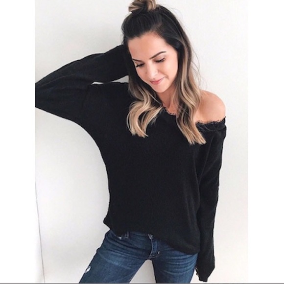 Black Off the Shoulder Lace Trim Sweater - Picture 2 of 11